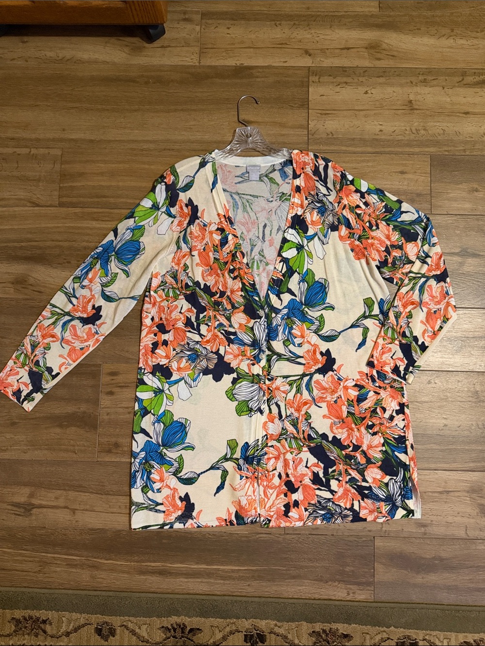 Chico's Cream Knit Top with Blue & Green Floral Accents